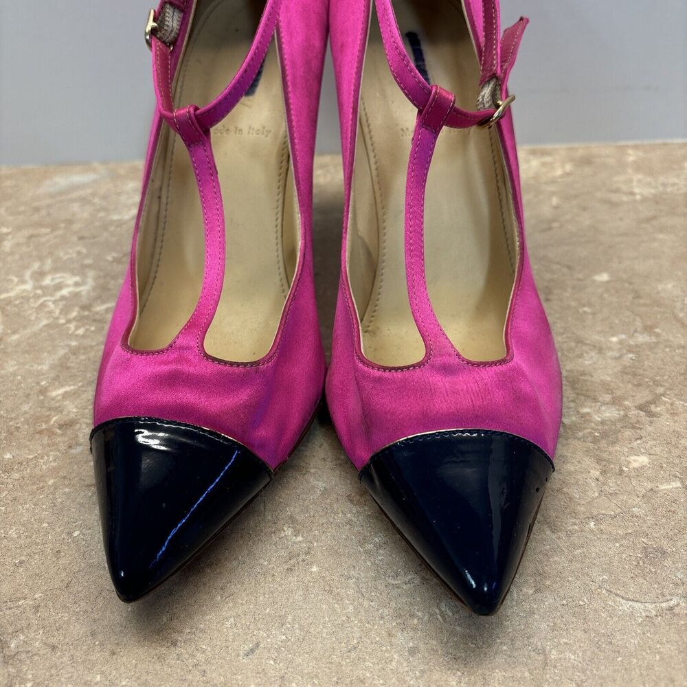 J Crew Women Pink Satin Heels Navy Blue Patent Leather Toe Heels T Strap 8.5 - Picture 3 of 11